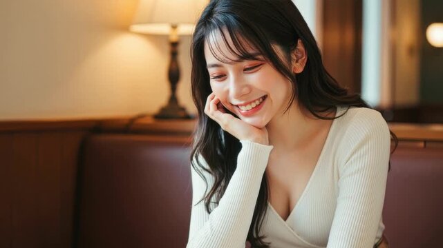 カフェで頬杖をつき微笑む若い女性 待ち合わせ ライフスタイル