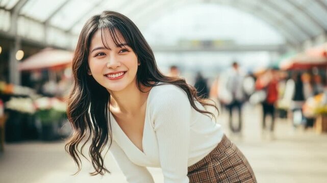 市場で楽しそうに振り返る若い女性 買い物 旅行 日本人