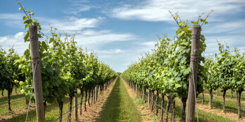 Obraz premium Green grapevines growing in neat rows under bright blue skies with scattered clouds lush vineyard landscape with wooden posts and wires supporting the plants