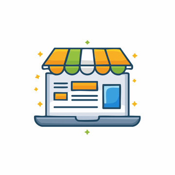Online shop laptop computer icon illustration, internet business concept.