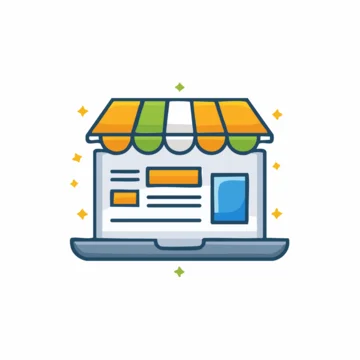 Online shop laptop computer icon illustration, internet business concept.