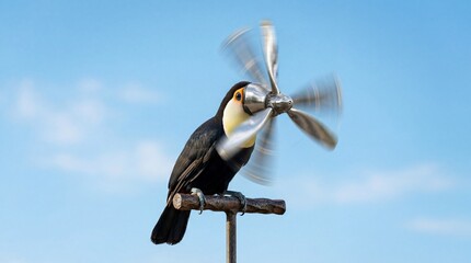 Fototapeta premium Surreal toucan bird with spinning metal propeller beak against blue sky.