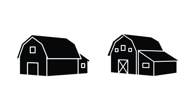 Two black barn illustrations with simple outlines a striking silhouette