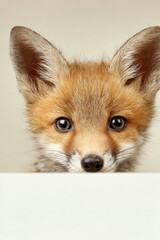 Fototapeta premium Centered Baby Fox Peeking Over Blank White Board in Seamless Studio with Cream Backdrop