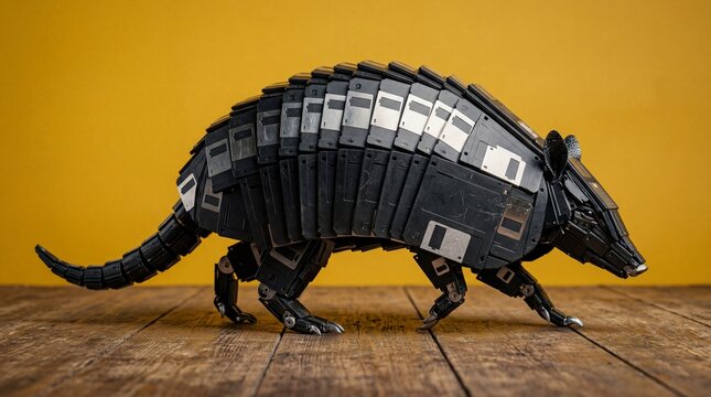 Retro floppy disk mechanical armadillo robot on yellow background