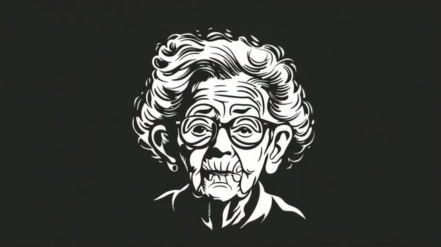 Curly hair frames a stern, vintage-style portrait. Eyes behind thick-rimmed glasses hold quiet intensity. White line art contrasts sharply against dark background. Facial lines suggest age, wisdom