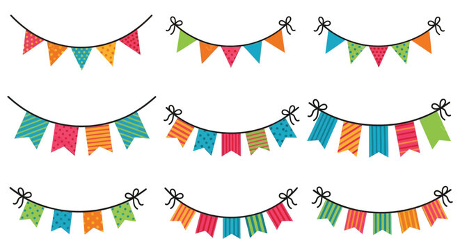 Colorful pennant banners hang in rows for parties.