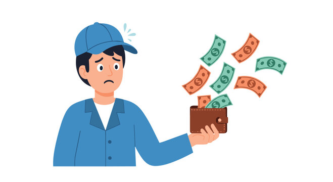 A distressed man in a blue cap holds an open brown wallet as green and orange banknotes fly away from it.