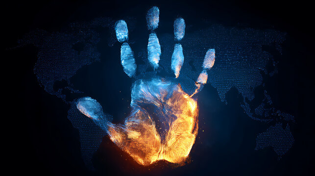 A glowing handprint over a glowing world map, symbolizing a pledge to global unity. (3)