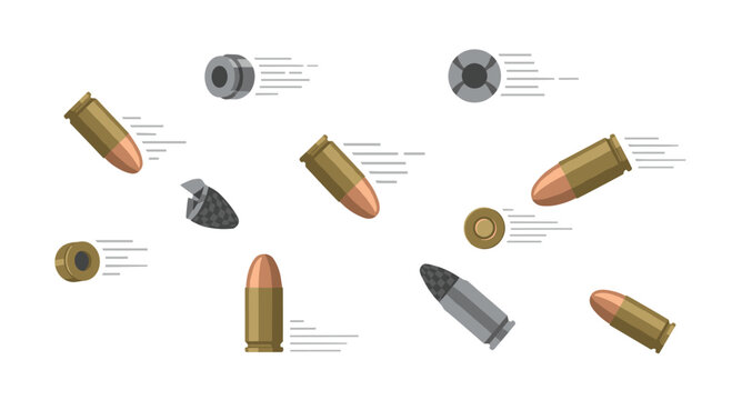 A dynamic assortment of various bullet cartridges, spent casings, and individual projectiles is shown in motion with speed lines on a stark white background.