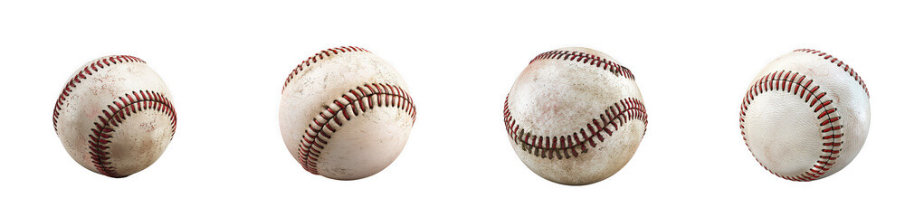 Four dirty baseballs with red stitching on white background, close up isolated on transparent background
