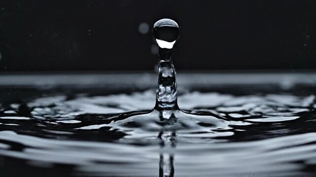 Mesmerizing moment of a single, crystal-clear water droplet creating a dynamic splash and intricate, expanding ripples upon impact with a serene liquid surface
