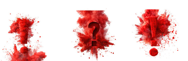 Red powder explosion with punctuation marks, exclamation and question isolated on transparent background