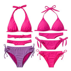 A collection of vibrant pink bikinis displayed alongside purple alternatives on a white background.
