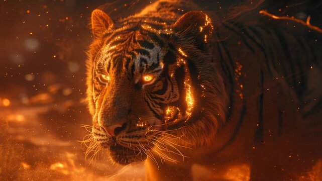 Close-up tiger portrait amid roaring flames and glowing embers, smoky atmosphere and drifting sparks highlight wet black fur, intense amber eyes, cinematic