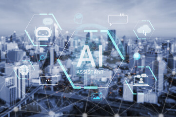 Fototapeta premium A concept of a global AI virtual assistant. This intelligent agent provides user support through chatbots, performs searches, manages cloud data, and aids in communication. Fermion