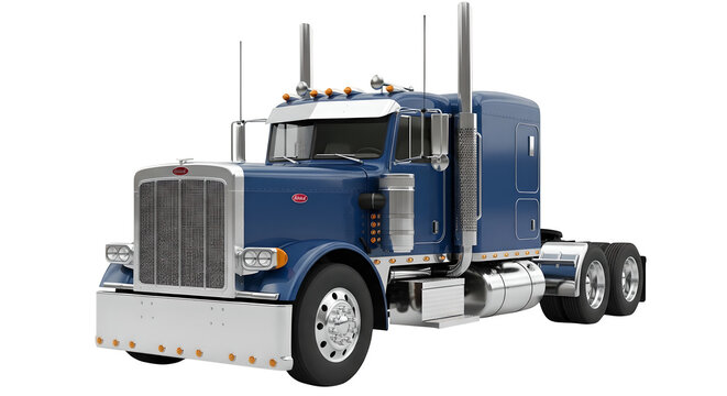 A blue peterbilt semi truck is isolated on a black background showcasing its detailed design