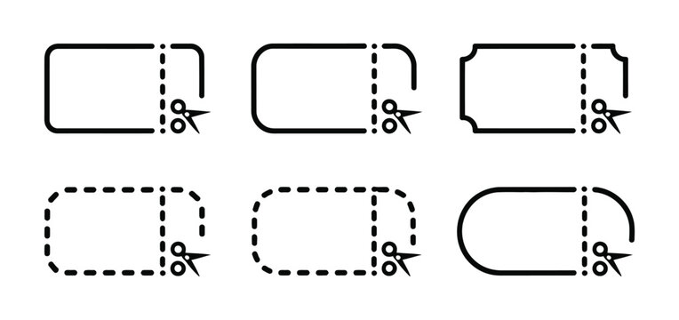 Set of 6 Black Outline Coupon Icons Vector with Scissors and Dotted Cut Lines for Discount, Voucher, and Promotion Designs