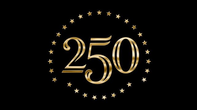 Gold calligraphic numeral 250, encircled by a symmetrical ring of stars, a prestigious patriotic emblem radiating national glory