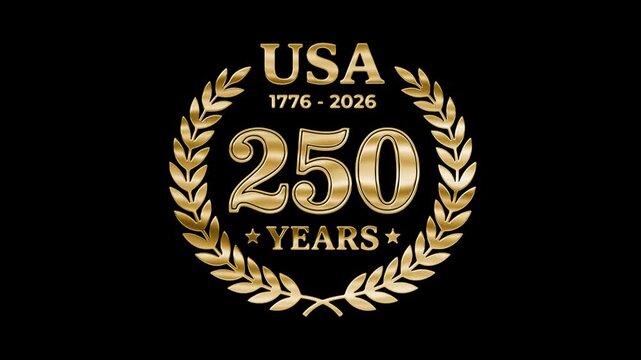 Luxurious gilded laurel emblem celebrating 250 years of American independence. Perfect for national jubilee events, Independence Day broadcasts and heritage titles