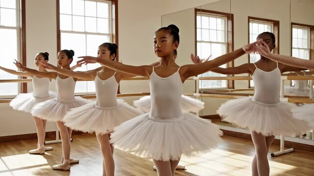 Young ballerinas practicing in a dance studio with wooden floor and mirrors