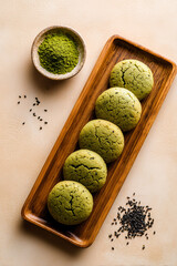 Matcha Mochi Dessert on Wooden Tray