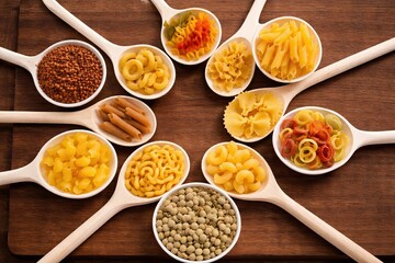 Verschiedene trockene Pastasorten in Holzlöffeln auf rustikalem Holztisch angeordnet,...