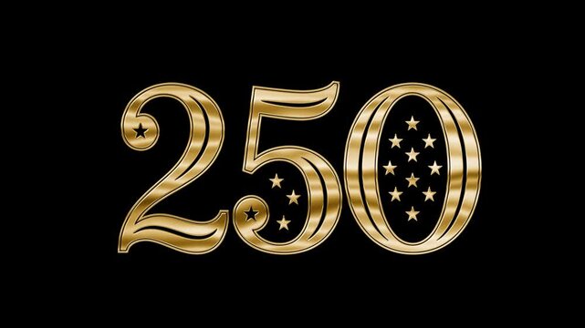 Luxurious gold serif numeral 250 adorned with patriotic stars. a bold and elegant emblem for USA anniversary titles, Independence Day productions and national jubilee content