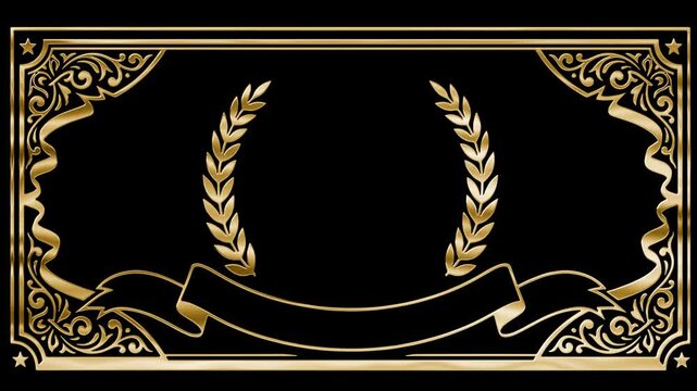 Luxurious gold frame with open laurel wreath, ribbon banner and intricate filigree corners, a premium ceremonial template for awards, diplomas, official announcements and festive event titles