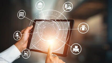Obraz premium Concept of smart shelves revolutionizes logistics management. This system ensures efficient inventory control, enhancing smart shelves operations and supply chain optimization. Gist