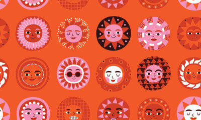 Obraz premium Sun face children doodle colorful illustration seamless pattern. Spring or summer solar symbol, 60s 70s cartoon retro character surface design. Fashionable modern vintage bright picture for decoration