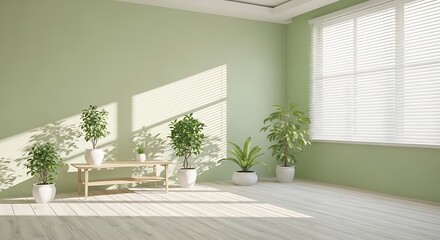 Fototapeta premium A serene and modern minimalist room with plants and natural light pouring in through the large window