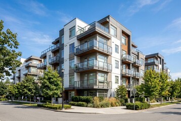 Fototapeta premium Contemporary townhouses feature staggered balconies and glass railings, captured from a street-corner view highlighting clean architectural lines and height under a bright blue sky with soft clouds