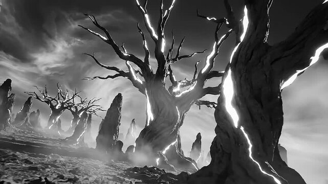 Ethereal Mist Swirling Around Ancient Petrified Trees Reaching Skyward