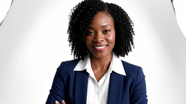A smiling businesswoman with curly hair standing isolated on white background