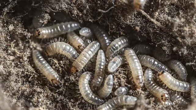 Flea larvae wriggling in dark unseen microscopic environment
