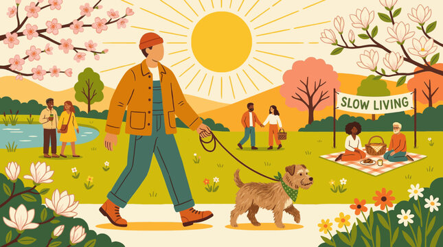 People relaxing in spring park walking dog and having picnic with slow living banner