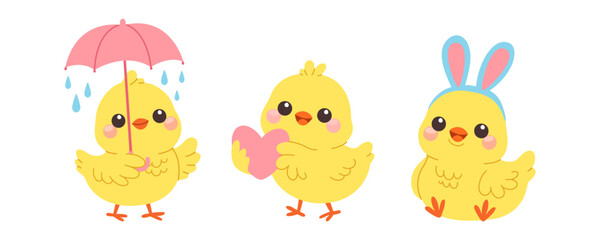Easter chicks illustration, cute yellow baby chickens with umbrella heart and bunny ears, spring holiday characters © oksanagrytsyuk