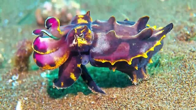 Vibrant Flamboyant Cuttlefish Crawling Across Sandy Seabed