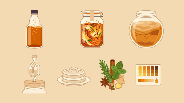 Fermented Food and Drink Icons with Ingredients and Tools