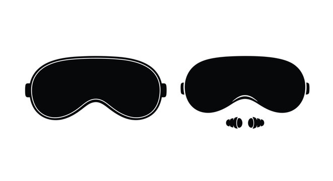 Two black sleep masks and earplugs on a white background