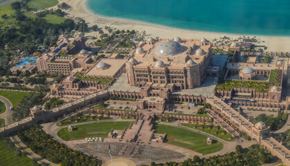 Bird's eye and aerial drone view of Abu Dhabi city from observation deck