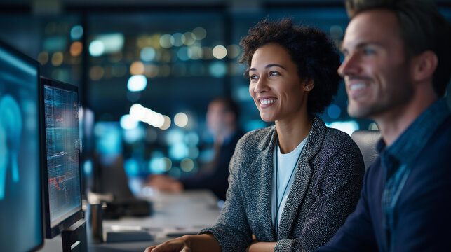 Female data scientist and male cybersecurity expert seated at adjacent workstations in a modern server facility office both studying a shared large monitor displaying a network