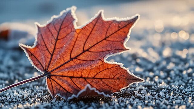 A close-up of a single maple leaf covered in frost, lying on a cold, icy ground, capturing the essence of a crisp autumn or early winter morning.