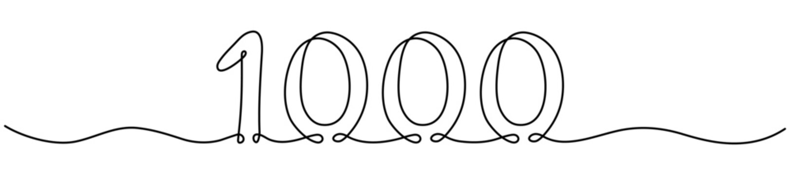 Continuous line drawing number one thousand. Hand drawn mathematical symbol. Ideal for modern educational materials. Vector illustration isolated on white.