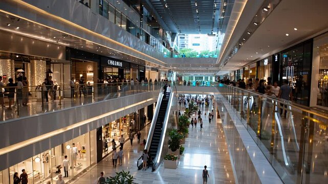 bustling modern shopping mall interior with multi-level atrium illuminated skylight glass railings busy escalators shoppers browse boutiques families stroll