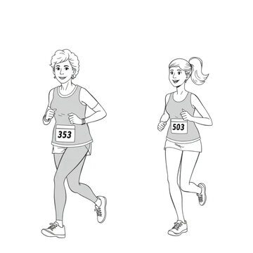 An older woman preparing for a 5K fun run with her adult daughter, both in running gear, generational sport