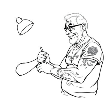 An older man getting a tattoo for the first time, excited and nervous, defying age expectations