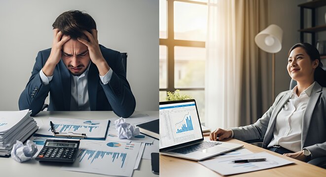 Dual-scene concept: left side messy financial documents calculator error stressed entrepreneur; right side organized spreadsheet on laptop clear growth chart relaxed posture natural office lighti