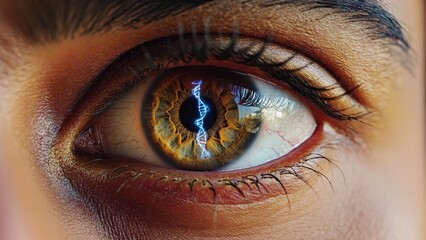 Naklejka premium Macro shot of brown woman human eye with glowing DNA reflection, symbolizing science, technology, and the evolution of genetics through modern medical innovation and futuristic biotechnology vision.